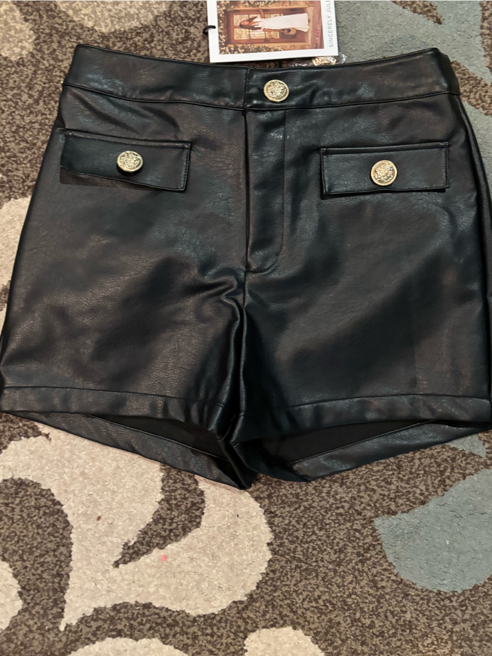 Sincerely Jules Black Faux Leather Shorts with Gold Buttons